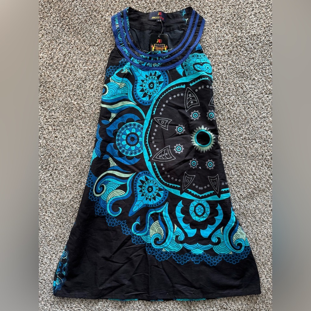 Vibrant Black and Blue Patterned Mini Dress
